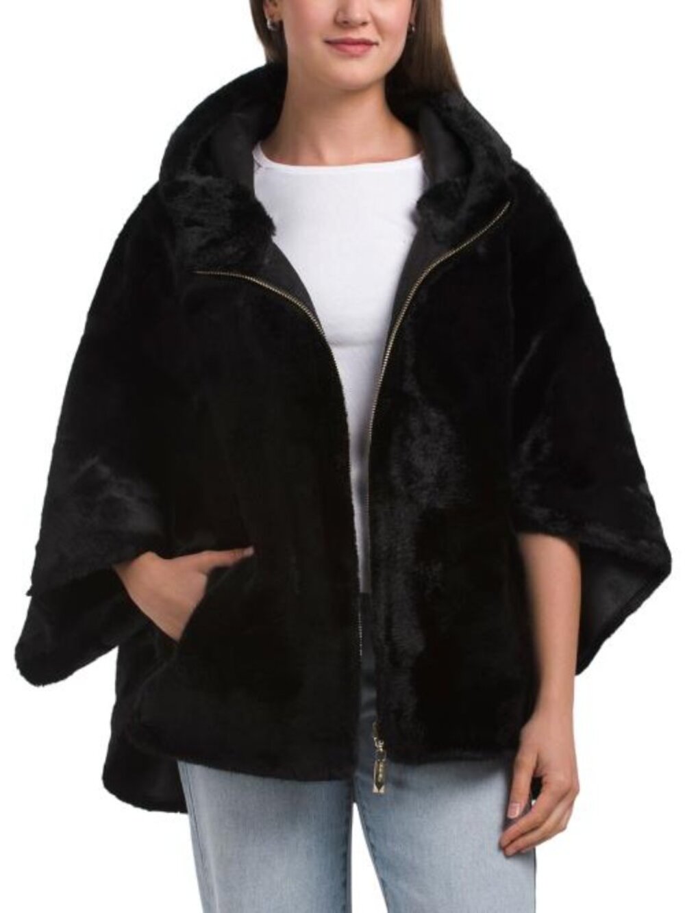 BELLE FARE Reversible Faux Mink Cape With Hood